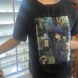 Black Anime Graphic Tee with Cityscape Art